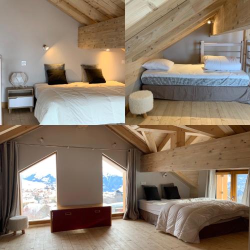 Cette chambre comprend deux lits et une grande fenêtre. dans l'établissement La suite du skilodge, à La Toussuire