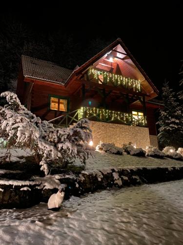 a house with christmas lights on the side of it at Brenna Leśnica in Brenna