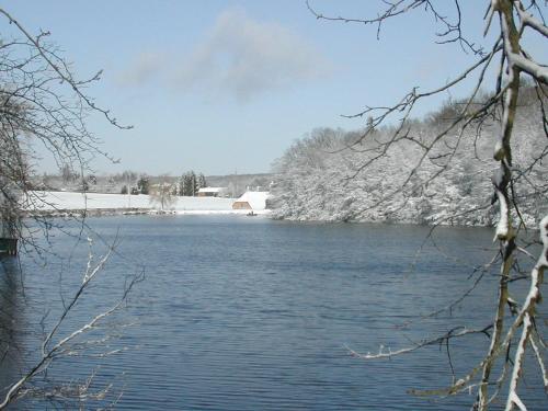 a view of a river in the snow at La Forge De Labbaye in Liessies