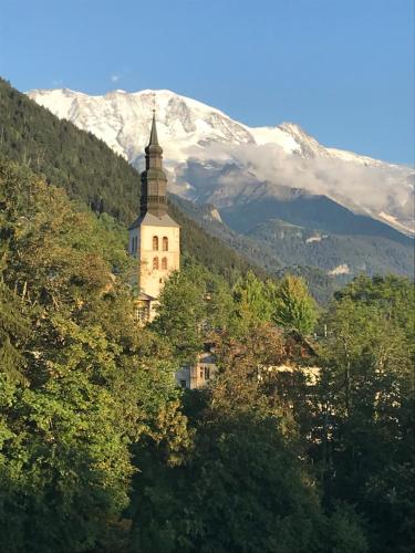 a tall building with a mountain in the background at Appartement T2+cabine indépendante au départ des télécabines Saint-Gervais/Bettex/Mont d’Arbois in Saint-Gervais-les-Bains