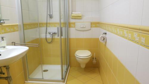 y baño con ducha, aseo y lavamanos. en Penzion Coupe en Příbram