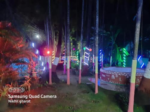 un jardín por la noche con luces de Navidad en Sai Ram Cottage, en Alibaug