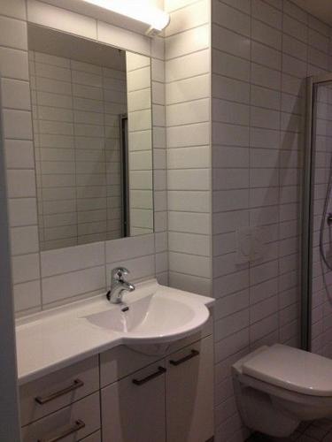 a bathroom with a sink and a toilet and a mirror at City Apartment Fully Furnished - Lillestrøm-Strømmen in Lillestrøm