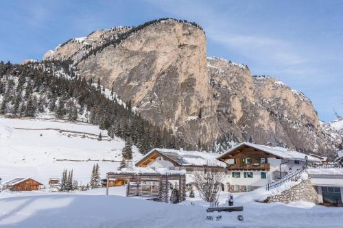 a ski lodge in the snow with a mountain at Kleine Gartenwohnung Haus Forelle in Selva di Val Gardena