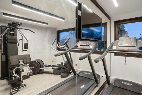 una palestra con tapis roulant ed ellittiche di Appart'City Collection Genève Aéroport - Ferney Voltaire a Ferney-Voltaire
