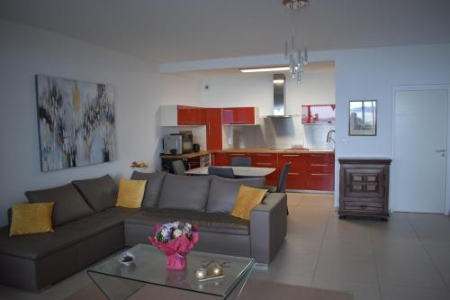 un salon avec un canapé et une cuisine dans l'établissement AJACCIO SPLENDIDE VUE MER, à Ajaccio