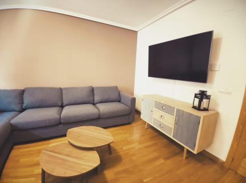 a living room with a couch and a table and a tv at Apartamento Miral21 in Jaca
