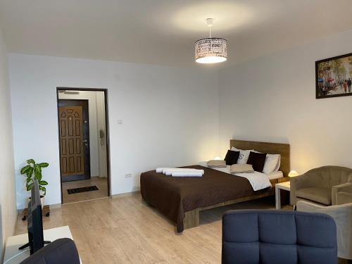 a bedroom with a bed and a couch and a chair at Take Timisoara Apartment in Timişoara