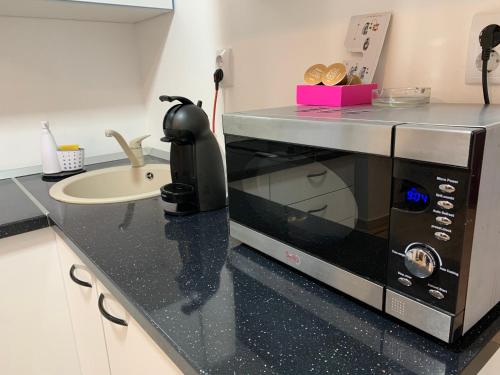uma cozinha com um micro-ondas e um lavatório em Anastasia's Villa em Iaşi