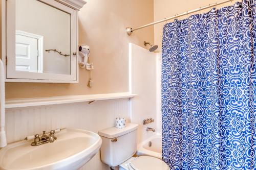 La salle de bains est pourvue d'un rideau de douche bleu et de toilettes. dans l'établissement Savannah Hidden Gem, à Savannah