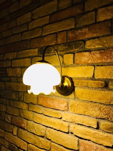 a lamp hanging on a brick wall at VNVP Amber in Štip