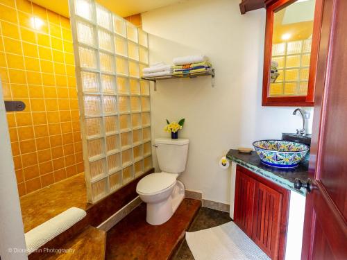 a bathroom with a toilet and a shower and a sink at Almond Tree Hotel Resort in Corozal