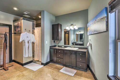 a bathroom with a sink and a shower at Pristine Breckenridge Home with Hot Tub and Mtn Views! in Breckenridge