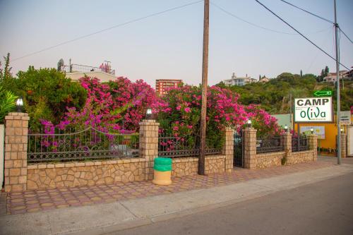 a stone fence with pink flowers on a street at Apartments Oliva in Utjeha