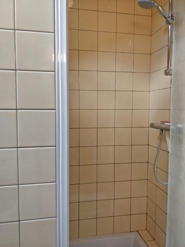 a shower in a bathroom with white tiles at Balcony of lake Geneva in Thollon