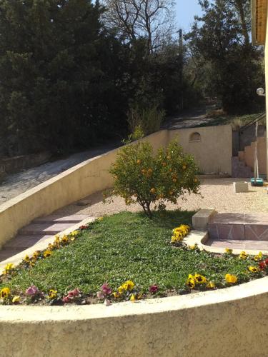 einen Garten mit Blumen und einem Baum in der Mitte in der Unterkunft Chez Mamie Riclaude in Orsan