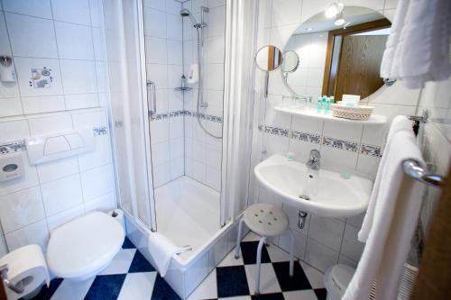 a bathroom with a shower and a sink and a toilet at Landgasthof Rebstock in Sankt Goar