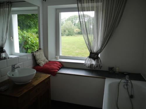 baño con lavabo y ventana con cortinas en Gîte de la Ferme Rose, en Audembert