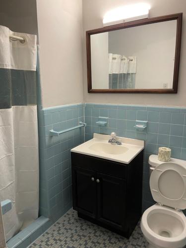 ein Badezimmer mit einem Waschbecken, einem WC und einem Spiegel in der Unterkunft Richmond Motel in Richmond