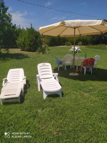 a group of chairs and an umbrella in the grass at Agriturismo Terra dei Profumi in Otranto