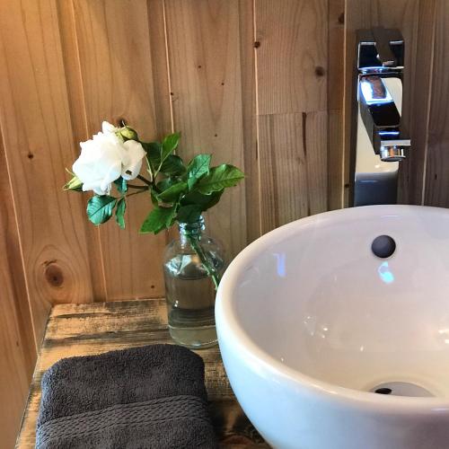 un vase avec une fleur blanche dans la salle de bains dans l'établissement Roulotte de Florette, à Tourrettes-sur-Loup