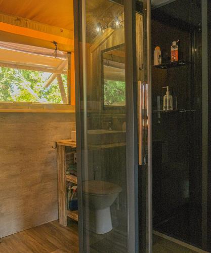 une salle de bain avec toilettes et lavabo dans l'établissement Lodge St Exupéry, au Thor