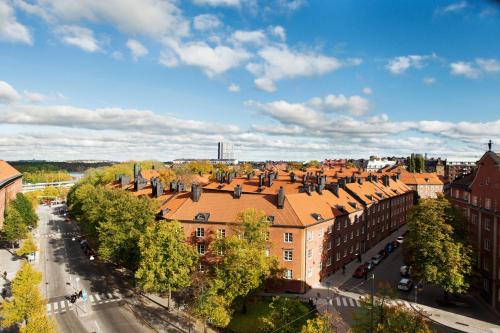 an overhead view of a city with buildings and a street at Elite Palace Hotel & Spa in Stockholm