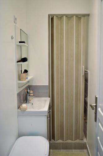 une salle de bain avec toilettes, lavabo et douche dans l'établissement T3 lumineux gare Saint-Charles, à Marseille