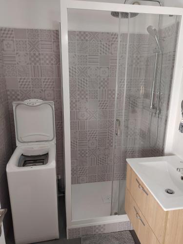 une salle de bain avec une douche, des toilettes et un lavabo dans l'établissement Le coeur de Royan studio 2 étoiles, à Royan