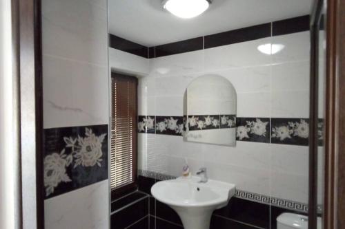 La salle de bains est pourvue d'un lavabo et d'un miroir. dans l'établissement The white House (studio apartment), à Palamarza
