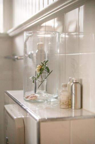 a vase with a flower in it on a counter at Landhaus Camillas Höhe in Mirbach