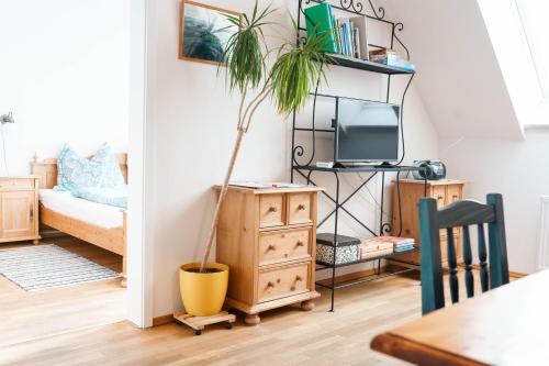 a living room with a tv and a potted plant at Weingut Leopold Dietrich in Gamlitz