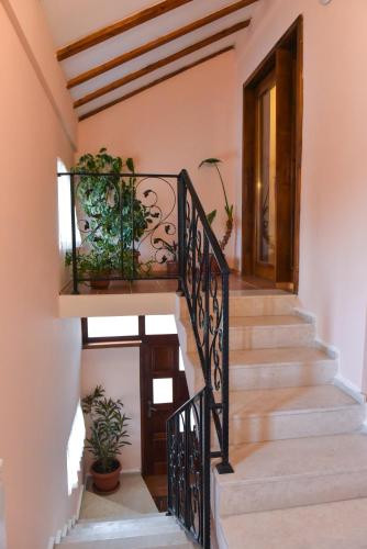 a staircase with wrought iron railings and potted plants at Guest rooms Bansko in Bansko