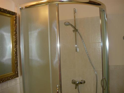 a shower with a glass door in a bathroom at Mandula ház in Veszprém