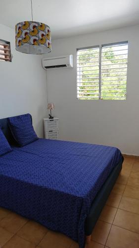 ein blaues Bett in einem Zimmer mit zwei Fenstern in der Unterkunft Bas de villa 80m2 entrée et jardin privés à 500 metres de la plage in Sainte-Anne