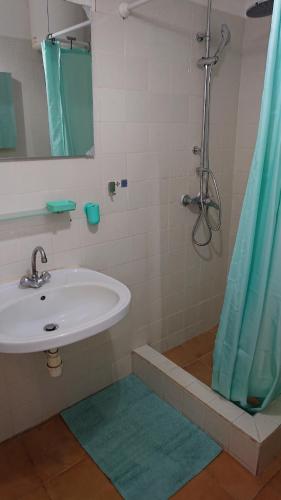 ein Bad mit einem Waschbecken und einer Dusche mit einem Spiegel in der Unterkunft Bas de villa 80m2 entrée et jardin privés à 500 metres de la plage in Sainte-Anne