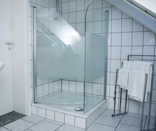 a glass shower in a bathroom with white tiles at Pension Nickel Marktstraße 11 Alsbach-Hähnlein in Alsbach-Hähnlein