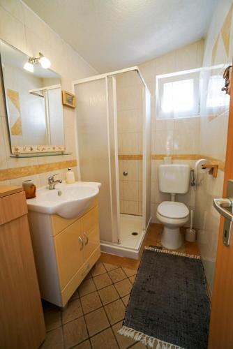 a bathroom with a toilet and a shower and a sink at Sea view apartment Umag 1 in Umag