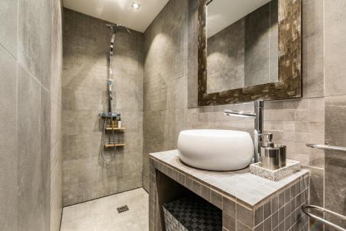 a bathroom with a sink and a shower at Lac et Montagne in Veyrier-du-Lac