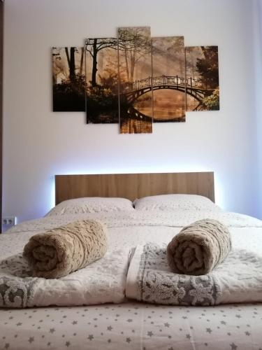 ein Schlafzimmer mit einem Bett mit einer Brücke im Hintergrund in der Unterkunft Apartman Harmonija in Zlatibor