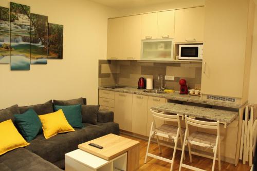 ein Wohnzimmer mit einem Sofa und einer Küche in der Unterkunft Apartman Harmonija in Zlatibor