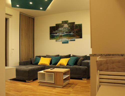 ein Wohnzimmer mit einem Sofa und einem Tisch in der Unterkunft Apartman Harmonija in Zlatibor
