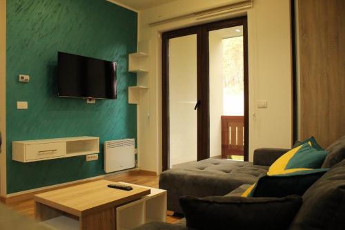ein Wohnzimmer mit einem Sofa und einem TV an der Wand in der Unterkunft Apartman Harmonija in Zlatibor