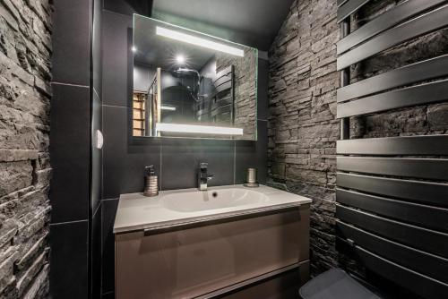 a bathroom with a sink and a mirror at Le grand duplex du lac in Veyrier-du-Lac