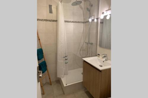 une salle de bain avec un lavabo et une douche dans l'établissement Trouville-Apt rénové-Balcon magnifique vue mer, à Trouville-sur-Mer