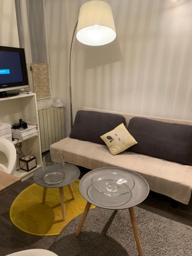 un salon avec un canapé et deux tables dans l'établissement Charmant Logement à Vierzon centre, à Vierzon