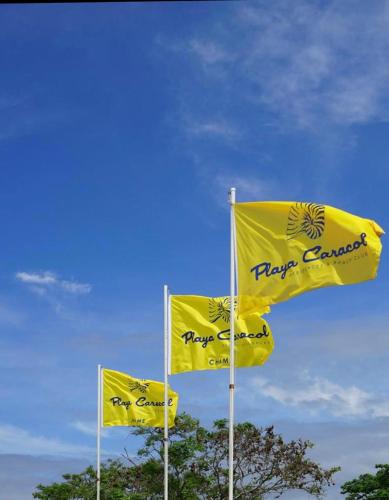 three yellow flags on poles in front of a blue sky at Playa Caracol Beachfront Residence Club in Chame
