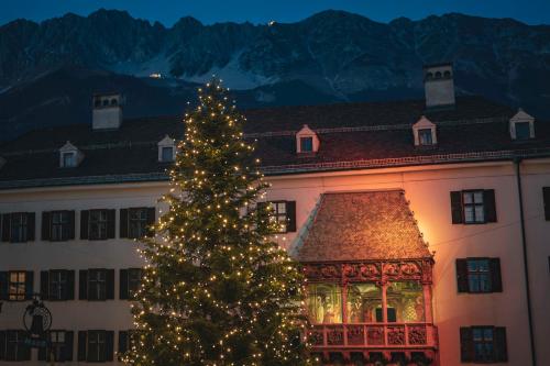 a christmas tree in front of a building at Kaiser Max Design Appartements in Innsbruck