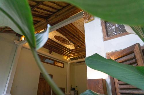 a room with a wooden ceiling and a plant at Adara Homestay in Banyuwangi