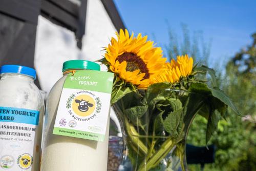 a bottle of milk and a vase with a sunflower at De Heeren van Tuil in Tuil